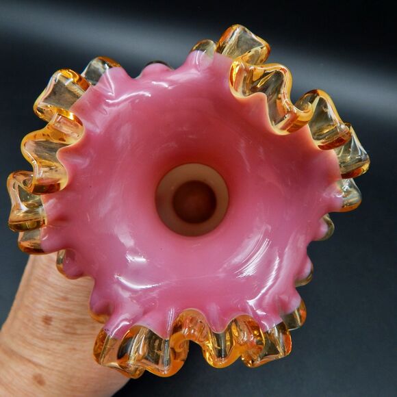 Milk Glass Vase Ruffled Top Pink Cased Gold Crest 7 Inch Stevens & Williams? - Picture 8 of 8